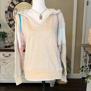 Hem & Thread Cream Hoodie with Blue and Pink Accents